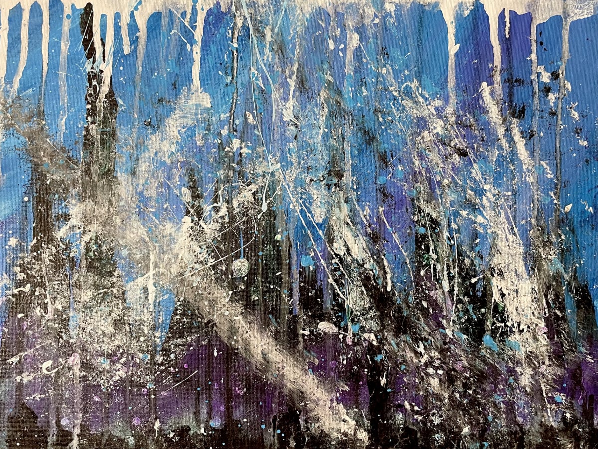 Abstract painting: A deep blue background with white drips coming from the top of the painting, a violet to black abstracted city silhouette on from the bottom and climbing the painting, and chaotic white, grey, and black splotches and streaks of paint over the piece.