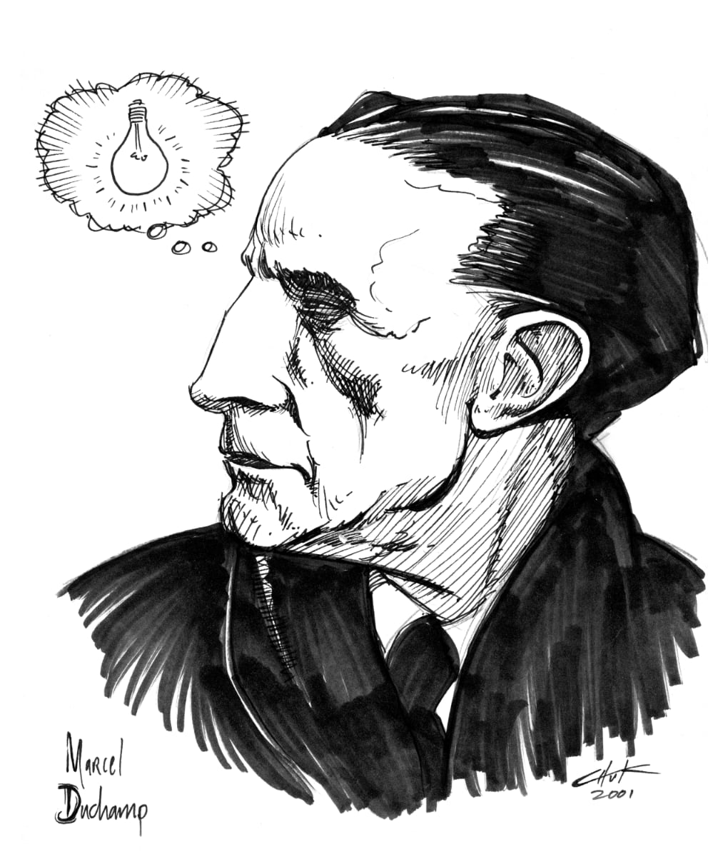 A black pen drawing of Marcel Duchamp in profile, with a thought bubble indicating that he is thinking of an upside down chair.
