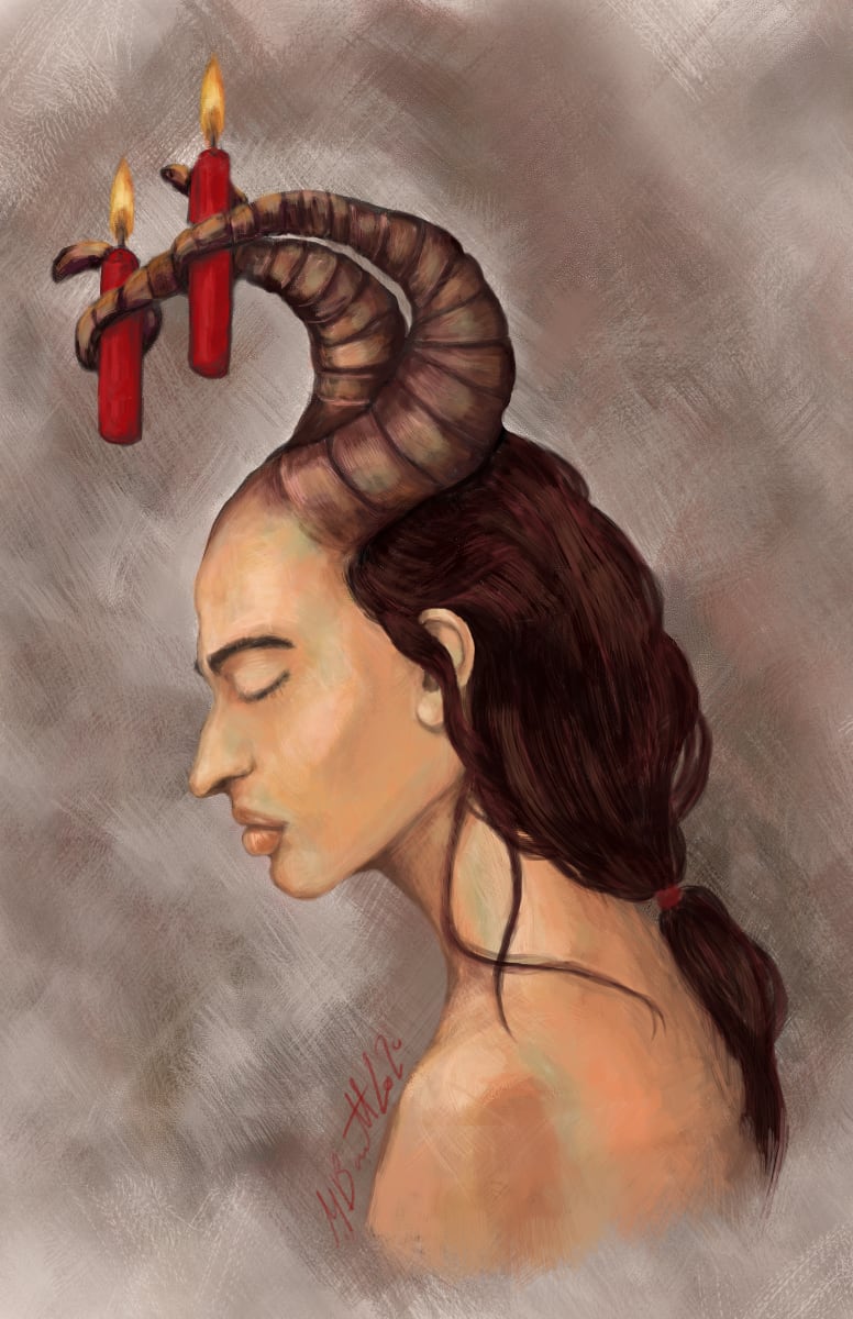 Digital painting of the head and bare upper body of an androgynous satyr-like person, peach skin, with long, reddish-brown, slightly wavy hair pulled into a ponytail, and horns on their head that hold two red, lit candles.