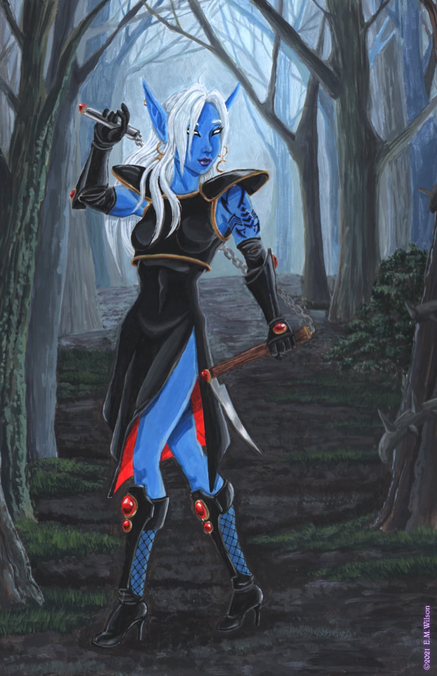 Painting by Erick Wilson. In a dark forest with looming, but bare trees, stands a female drow with white hair and blue skin. She is wearing a silk black dress. She is posing with a weapon, a Kusari-gama named “Whiplash”, and has chest-plate armor with shoulder pieces made from Kal-Ensit steel, and gloves and boots wtih large, round red gems socketed in them.