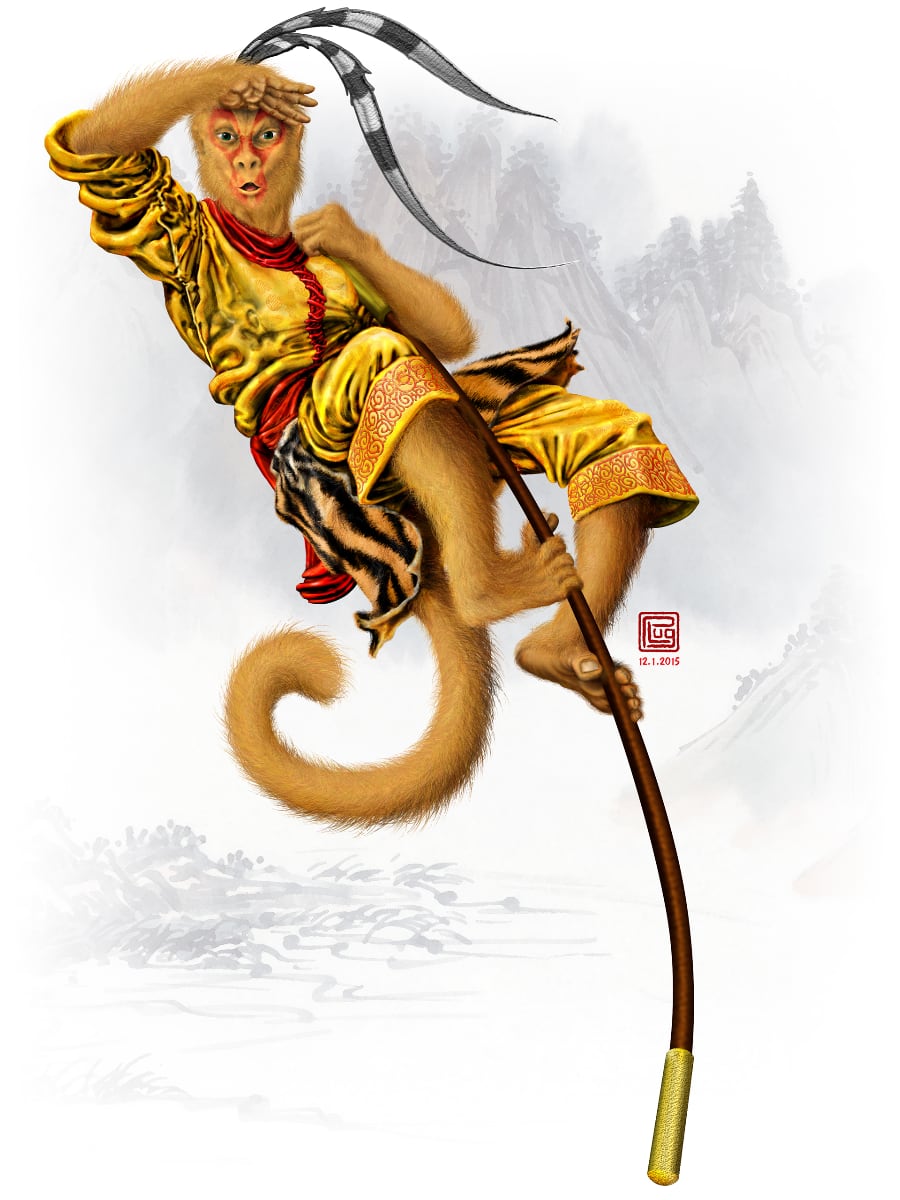 The Monkey King by PLUGO. A yellow-haired monkey similar to a capuchin, but human sized, and with red face paint and two black and white feathers on top of his head, dressed in a gold and red robe, and standing atop a bending bo staff, looking out into the distance with his right hand sheilding his eyes from the sun. He's on a white background with misty light grey mountains in the distance. The painting has the mark of PLUGO and a date of 12.1.15 in red.