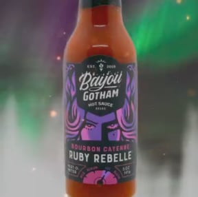 Bottle of Bayou Gotham Ruby Rebelle Bourbon Cayenne sauce
