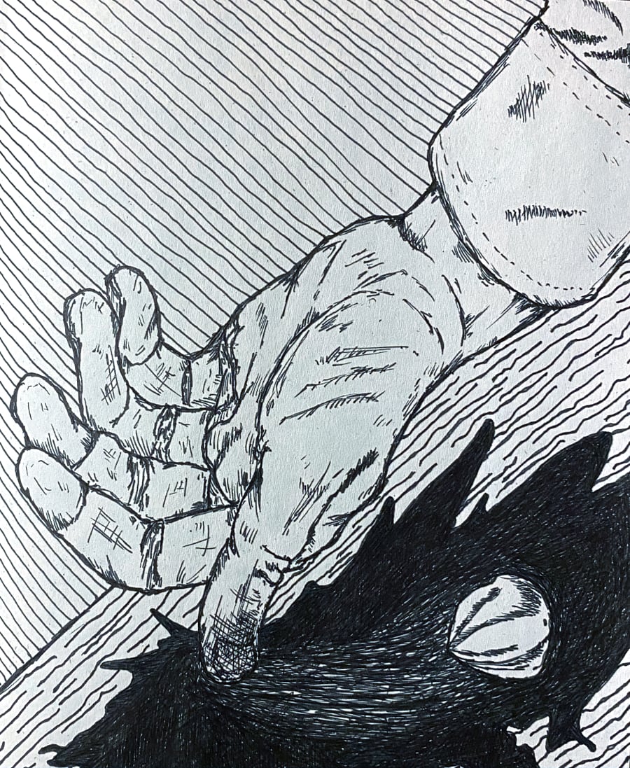 Black and white drawing on textured paper by Tobias Hobbes. A hand and part of a sleeved arm are palm up on a floor, fingers slightly curled towards the palm. There is a black splotch on the floor, possibly representing blood, and the hand's thumb appears to be in this pool. The nail on this hand appears blood covered and injured. There is a bon bon shape that possibly has dropped from the hand and has wiped a trail in the blood.