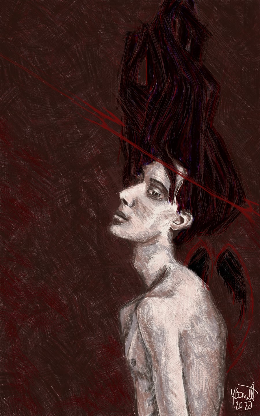 Misery Angel by Melissa Barrett. Against a scratched, choatic, dark red and brown background stands a white-skinned figure, the upper half their naked body visible. The figure is gaunt and looking at us in profile with their left, large, languid grey eye. The figure has long dark hair, with crimson highlights, lifting off their head as if they are falling. There are subtle black wings, outlined in red, as if a parody of angel wings, behind the figure, but not attached to them. There is a red streak of a distored halo around the figure's head. It is signed in white with "MBarrett 2020."