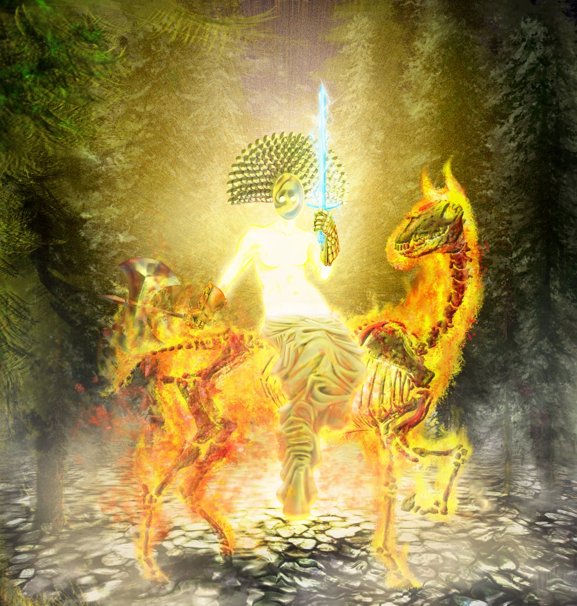 A painting of Menador from "The Malazan Book of the Fallen," by Steven Erikson. She is a brightly glowing figure on a horse made of fire and bone. They appear in a forest at night that is lit by her radiance. Her face is shrouded by a golden mask with a scaled fan-like crown. She wears golden scaled gloves and carries a sword that crackles with energy in one hand, and a double bladed axe in the other. She sits sidesaddle, facing the viewer, and has a pale cloth gathered over her legs.