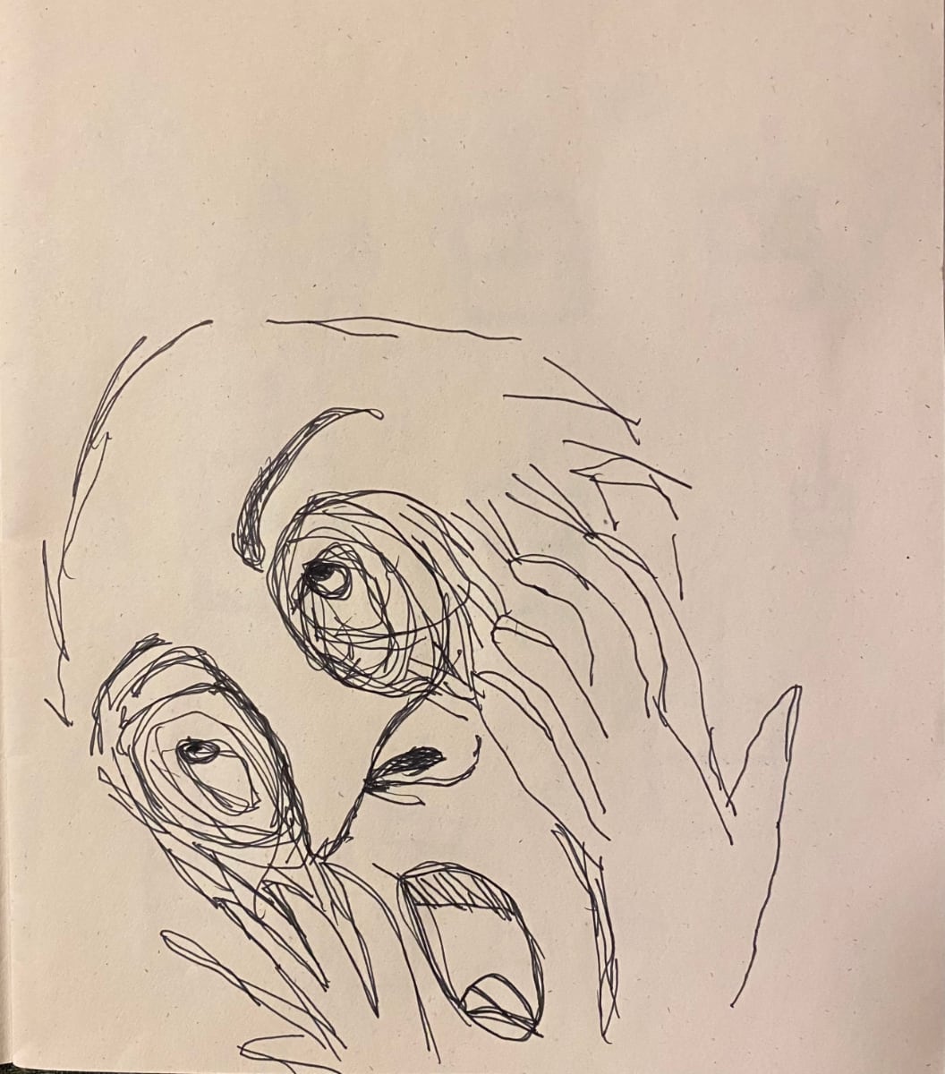 The image is a rough pen sketch, with black ink, of a the head of a person holding their hands up to their face, with wide, sunken, and terrified eyes and open mouth, in a manner similar to the painting, “The Scream,” by Edvard Munch. The sketch is rough, choatic, and disjointed. It is drawn on a sheet of brownish sketchpad paper.