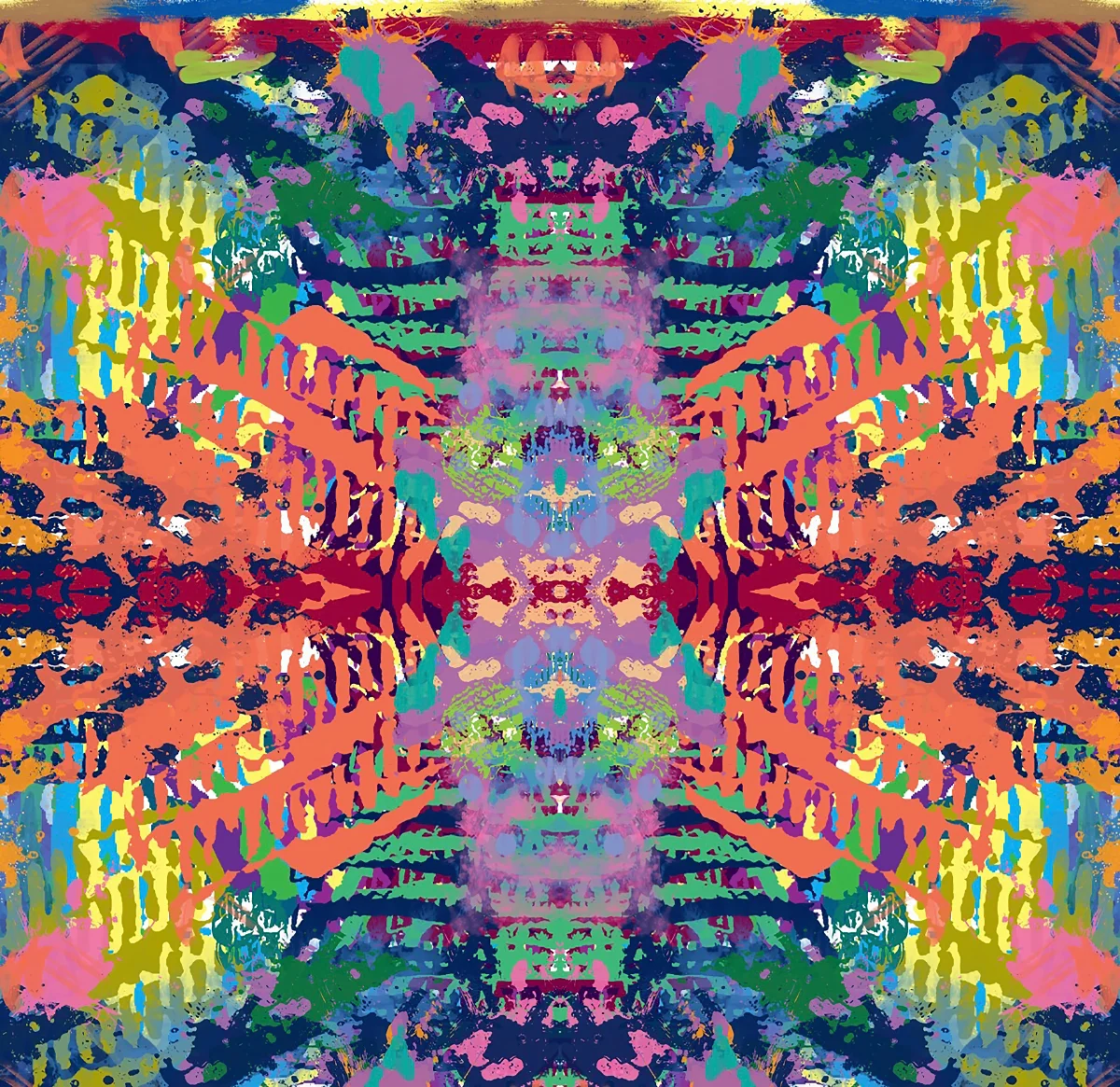 A digital altered colorful, abstract painting. The painting is mirrored both on the horizontal and vertical axes, creating four similar quadrants. The brightly and strongly pigmented paint is laid down in various colors and strokes creating a kaleidoscopic effect.