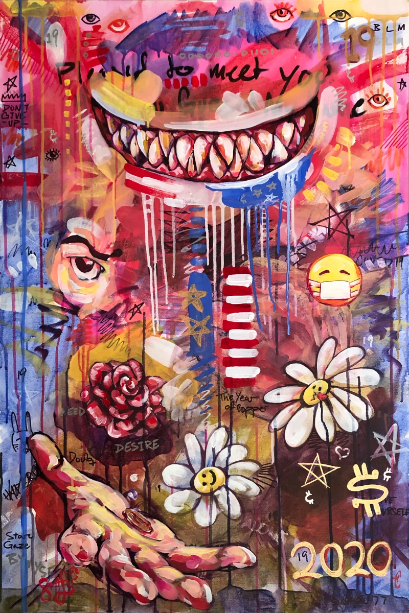 An abstract, portrait-orientated, painting in the style of graffiti art. There is a color motif of red and blue, as if from the United States of America's flag. The focal point is an ominous smile with a set of shark-like teeth painted in the top third of the painting. Its lower lip is dripping red and white stripes and blue with silver stars. There are several eyes in either black or red paint also on the top third of the painting. The middle of the painting has a painted eye with an arched eyebrow on the left side. There are two stripes — the first is gold stars on a field of blue, the second is alternating red and white lines — in the center of the painting. The right side of the middle of the painting has a "smiley face" wearing a surgical mask. The lower third of the painting has a rose and two daisies from left to right. The daises have emoji faces, one smiling, and the other giving a kiss indicated by a small red heart. Beneath the rose and first daisy there is an outreached hand holding a copper coin. There are additional stars and various words and numerals visible throughout the painting. For example, "Pleased to meet you" is visible behind the ominous smile. There is a golden yellow "2020" in the lower right hand corner. "19" is visible in multiple places, and "The Year of Copper" is written in small black letters beneath the center stripes in the middle of the painting. "BLM," "Feed," "Desire," "Stare," "Gaze," "Doubt," "Don't Give Up" can be seen throughout the painting.