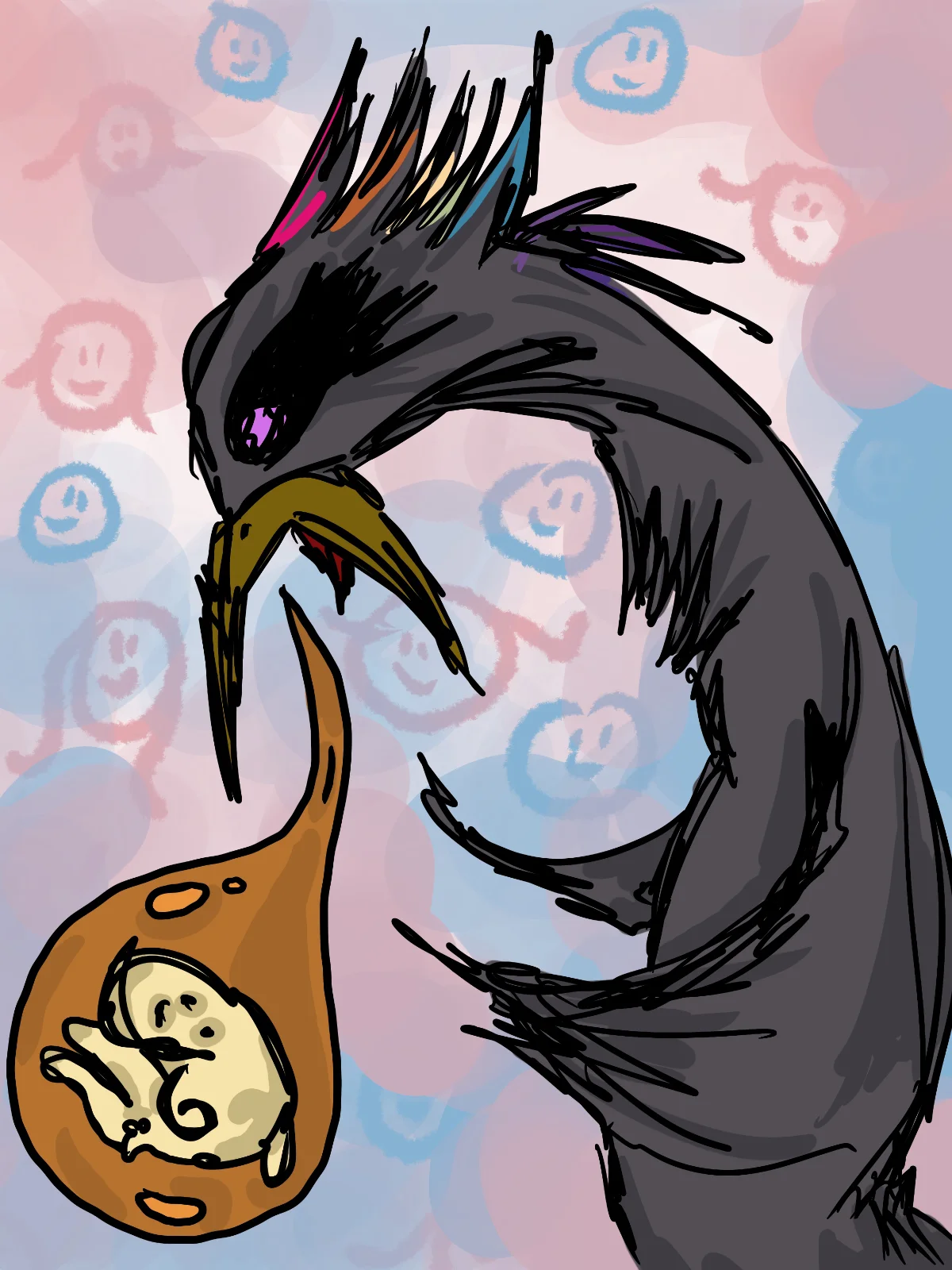 Painting of a scrawny, ruffled black bird with stunted wings coughing up an orangey bubble with a pale yellow fetus-like object incased in the bubble. The black bird has a dark yellow beak that is open and revealing a red tongue. The bird has a pink-purple eye and its crest has red, orange, pale yellow, pale green, blue, and purple highlights. The background is made up of various translucent, round strokes of pale pink and light blue that overlap. There are several round, smiling stick-figure faces in pink and light blue. The pink faces have curved strokes on the side of their faces, indicating long hair.