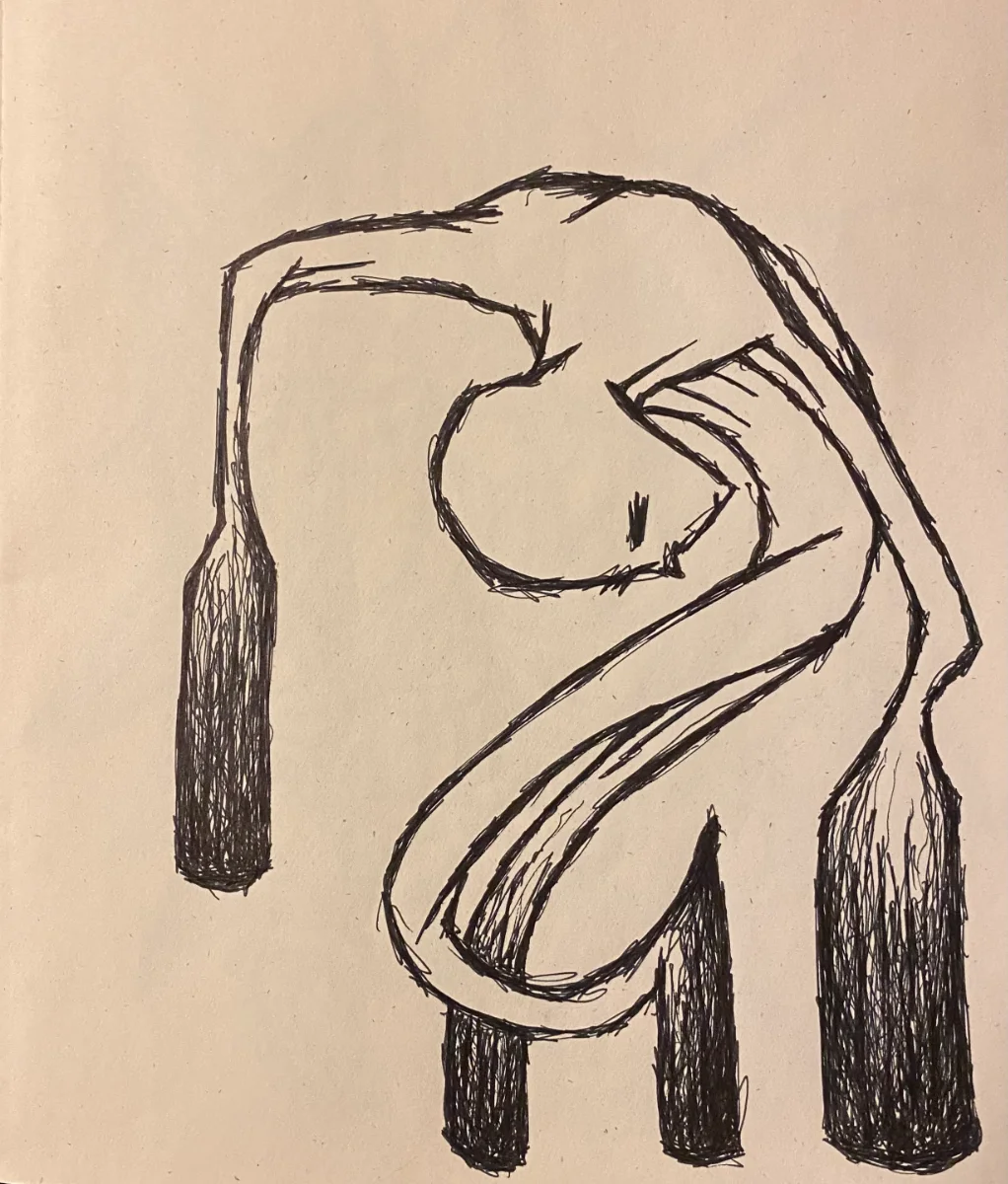 Black pen ink on brown sketch paper drawing of a human-type figure that is bent and looking downward. The figure is hairless and thin. Its very curved extremities end in cylindrical blocks that are gradually filled-in black. This makes the figure look like it is suffering from great weight on its hands and feet.