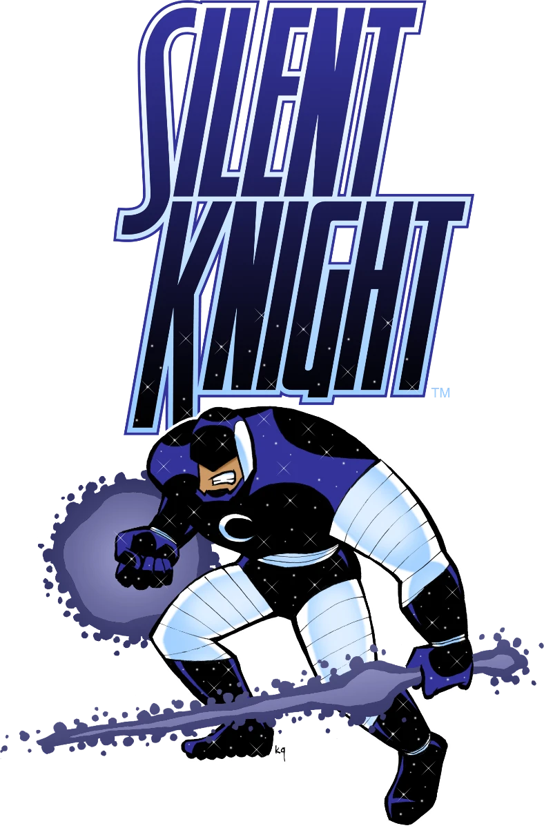 Comic book hero, Silent Knight, standing in a battle stance, holding a purplish sword made of pulsing energy in his left hand. His right hand is surrounded by a ball of that same purplish energy. His costume is white wrapping underneath a blue-black singlet, gloves, and boots. The blue-black fabric has starlight glimmers throughout, and the singlet has a white crescent moon on the chest. He has a helmet/mask that would appear to prevent him from seeing.
