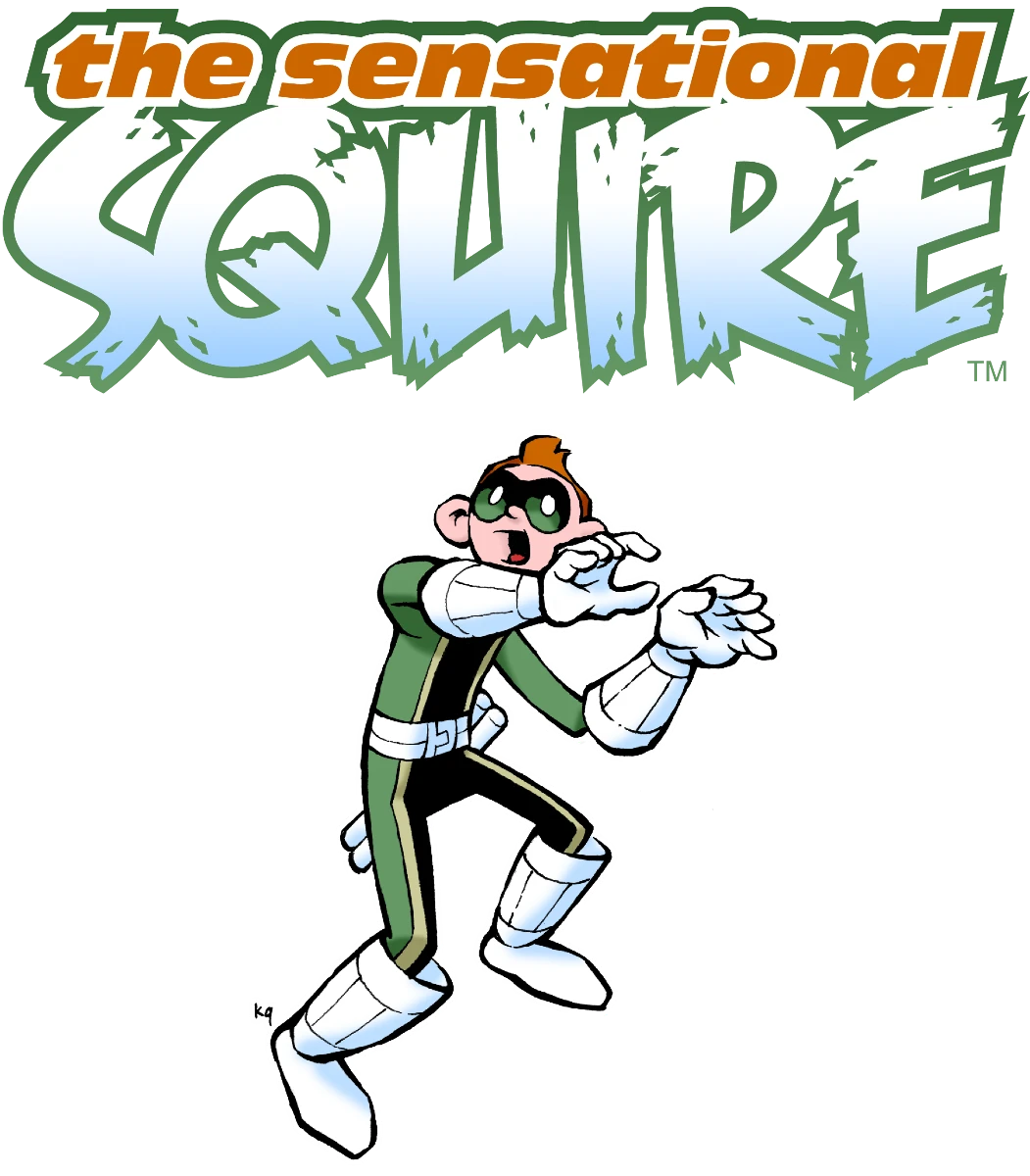 Comic book hero, The Sensational Squire, standing, seemingly frightened of something above his, as if something was falling towards him. He has red hair and a green mask, along with a green, black, and yellow uniform, with large white boots and gloves. He's very skinny for a superhero.