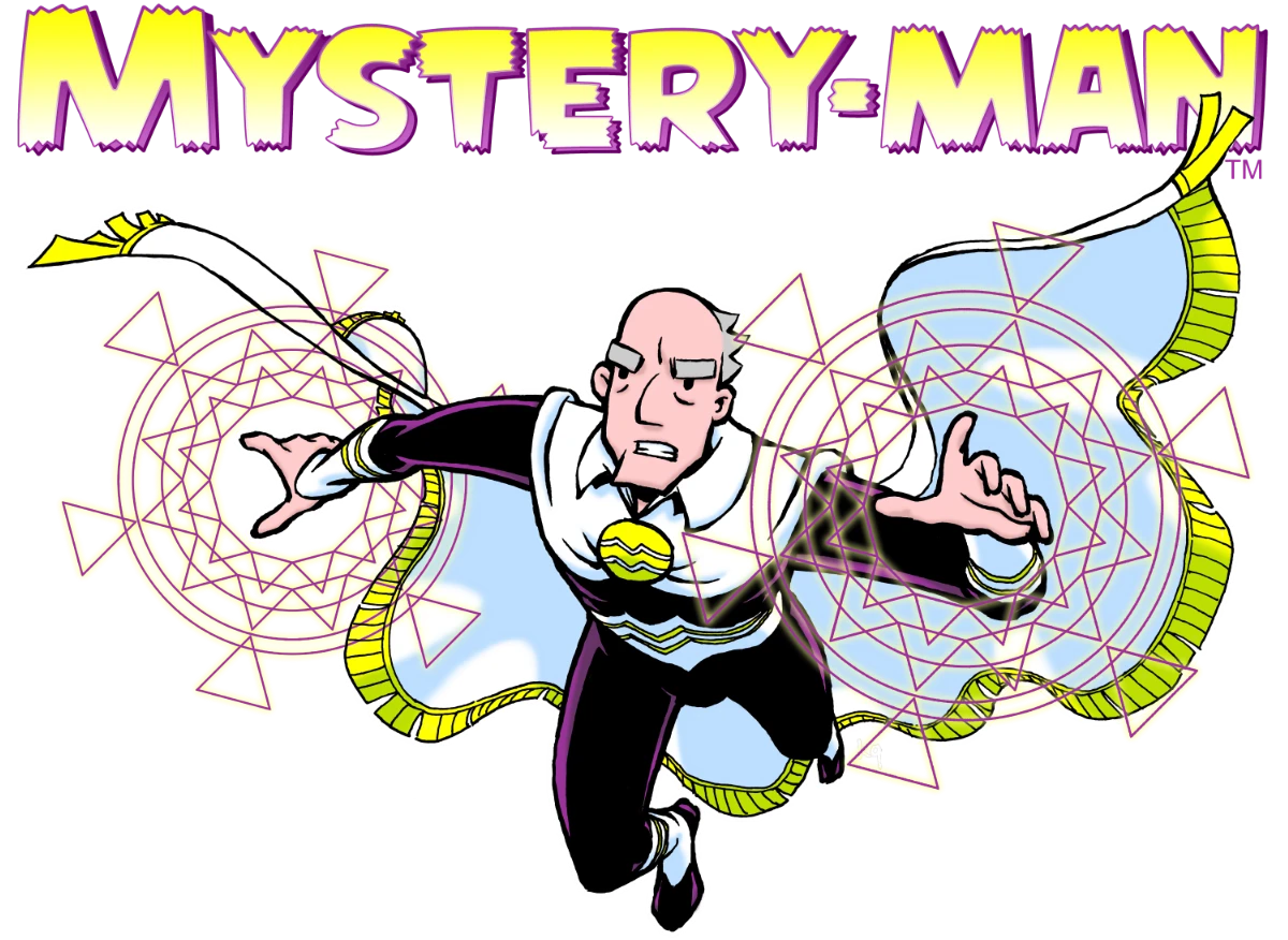 Comic book hero, Mystery-Man, pictured flying with his white cloak, with gold trim, buffetted behind him. He is casting a spell that has arcane runes emanating from his hands. Mystery-Man is an older man, balding, with thick grey eyebrows. His suit is white and black with gold accoutrements.