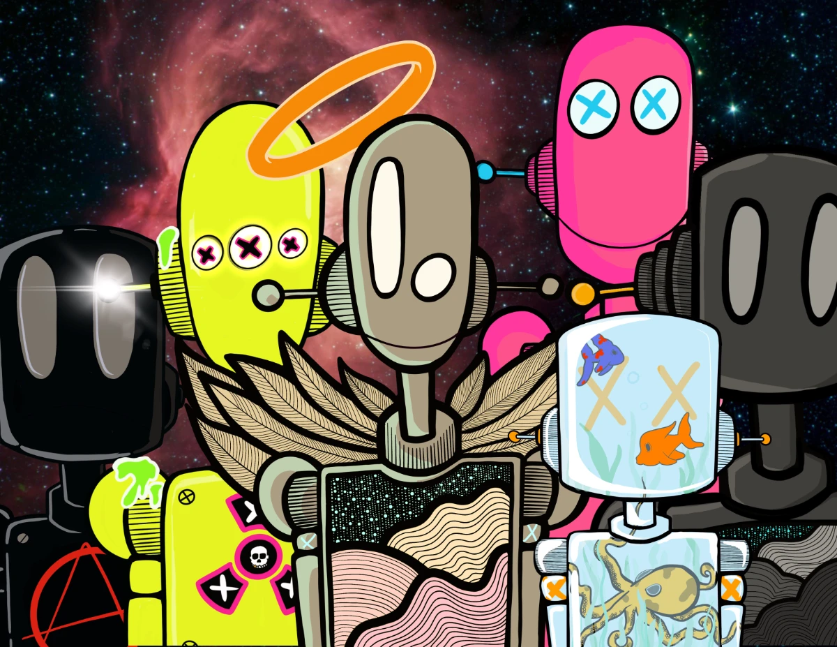 Six robots in front of a star field with a nebula. The first robot, to the far left, is a black robot with a red anarchy A on its chest. The second robot is yellow with shiny ear antenna and three white eyes with black Xs with magenta outlines in each. This robot also has a black and magenta radiation symbol (upside-down) on its chest. The radiation symbol has white Xs in each fin and a white skull in the middle circle. The robot also has some green goo on its right ear and right shoulder. The third robot stands in the middle of the group. It is a greenish-taupe color with pale green highlights. It has two different sized eyes, the right one is almost as large as its head. This robot also has antenna horizontally extending from its ears along with two cyan Xs on its shoulder joints. It has taupe feathers, as if angel wings, on its back, and it front chest plate is an abstract, soft-toned picture of a star field behind a hilly landscape. The fourth robot, magenta and the tallest of the bunch, has white eyes with cyan Xs in each, and its ear antenna are also cyan. It stands behind a fifth robot that is smaller, but still obscures most of its body. The fifth robot appears to be made of a transparent material filled with water. In the head, there are two fish, one blue and red and the other orange along with some green plant life. There are two translucent orange Xs for the robot's eyes and orange-tipped ear antenna. This robot has two orange Xs on its shoulder joints, and its chest has a yellow and brown octopus swimming in green plant growth within it. Finally, the sixth robot is a deep gray robot with two large grey eyes, orange ear antenna, and a similar abstract sky and hilly landscape as the third robot, but the color on the hills are monochromatic.