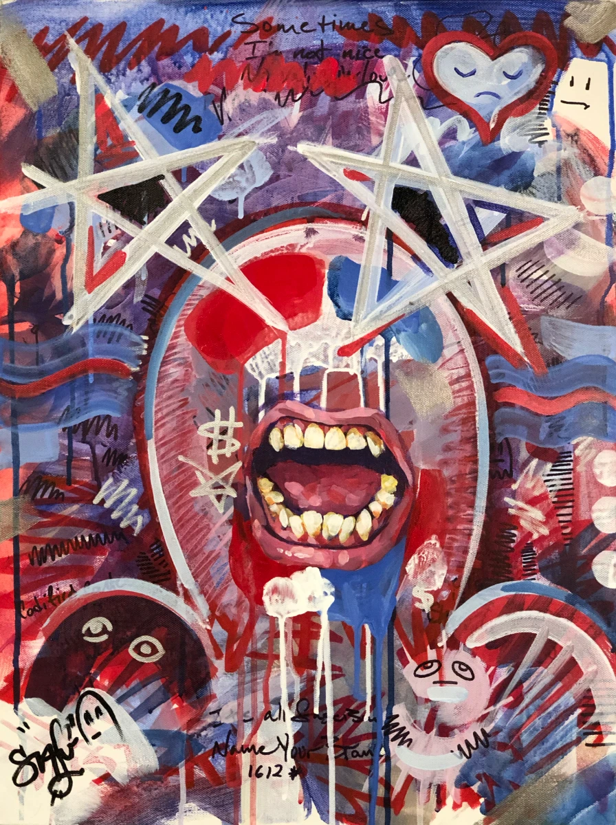 Expressionist painting on canvas with a red, blue, and white color motif. There is a realistic open mouth with teeth visible, as if yelling. There are two white painted stars, with black paint in their centers, above the mouth, positioned as if eyes. The painting is aggressive and laden with symbolism. We wish we could describe this accurately.