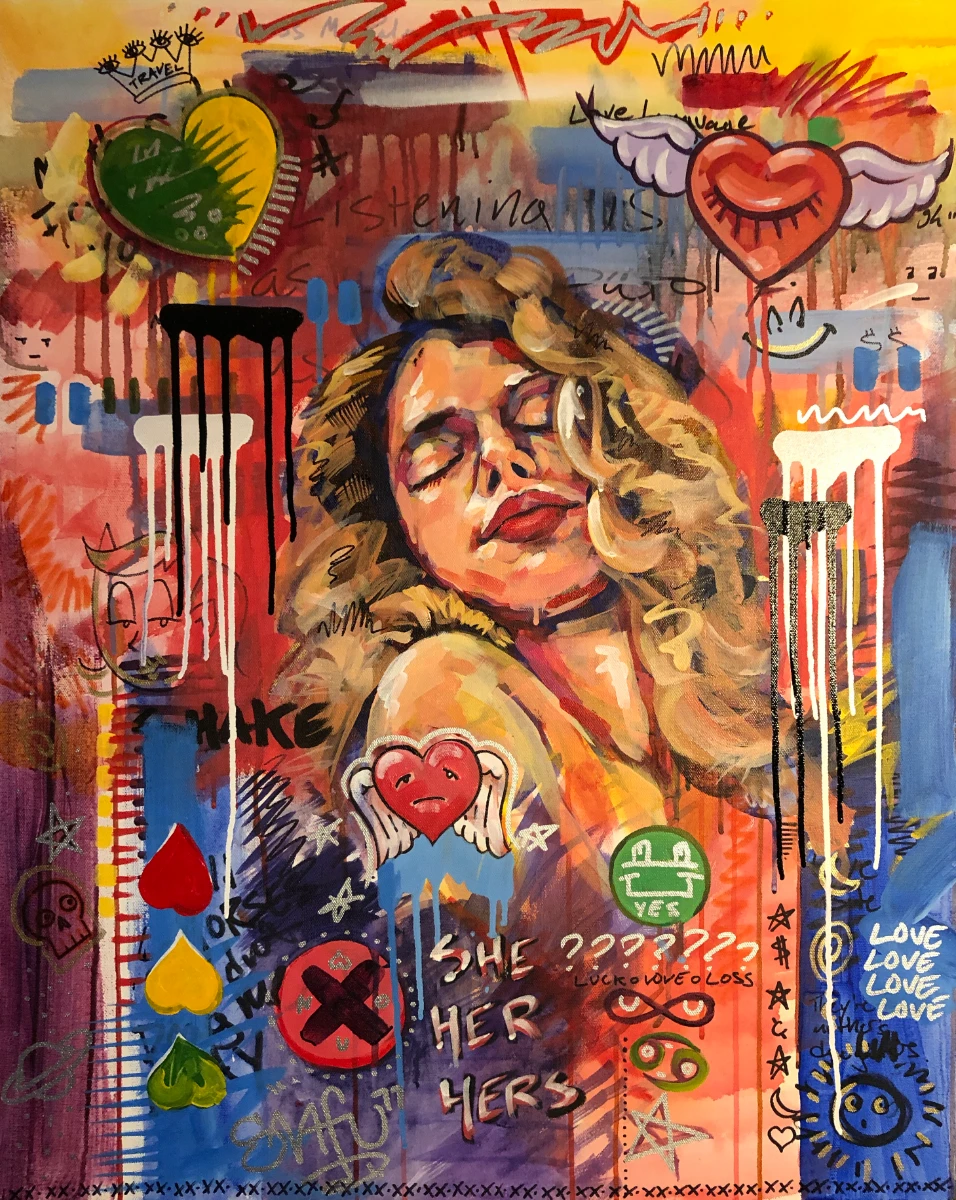 Painting on canvas in a style similar to a wall of graffiti with paint drips, charactures, symbols, and tags. In the center of the painting, there is a bust of a woman made up similar to a pinup model with wavy blonde hair and red, full lips. All around the woman, it appears as if other graffiti artists have painted other images, with hearts, some being winged, as a motif. There are many words on the image, including "SHE HER HERS," "LOVE LOVE LOVE LOVE," "LUCK • LOVE • LOSS"