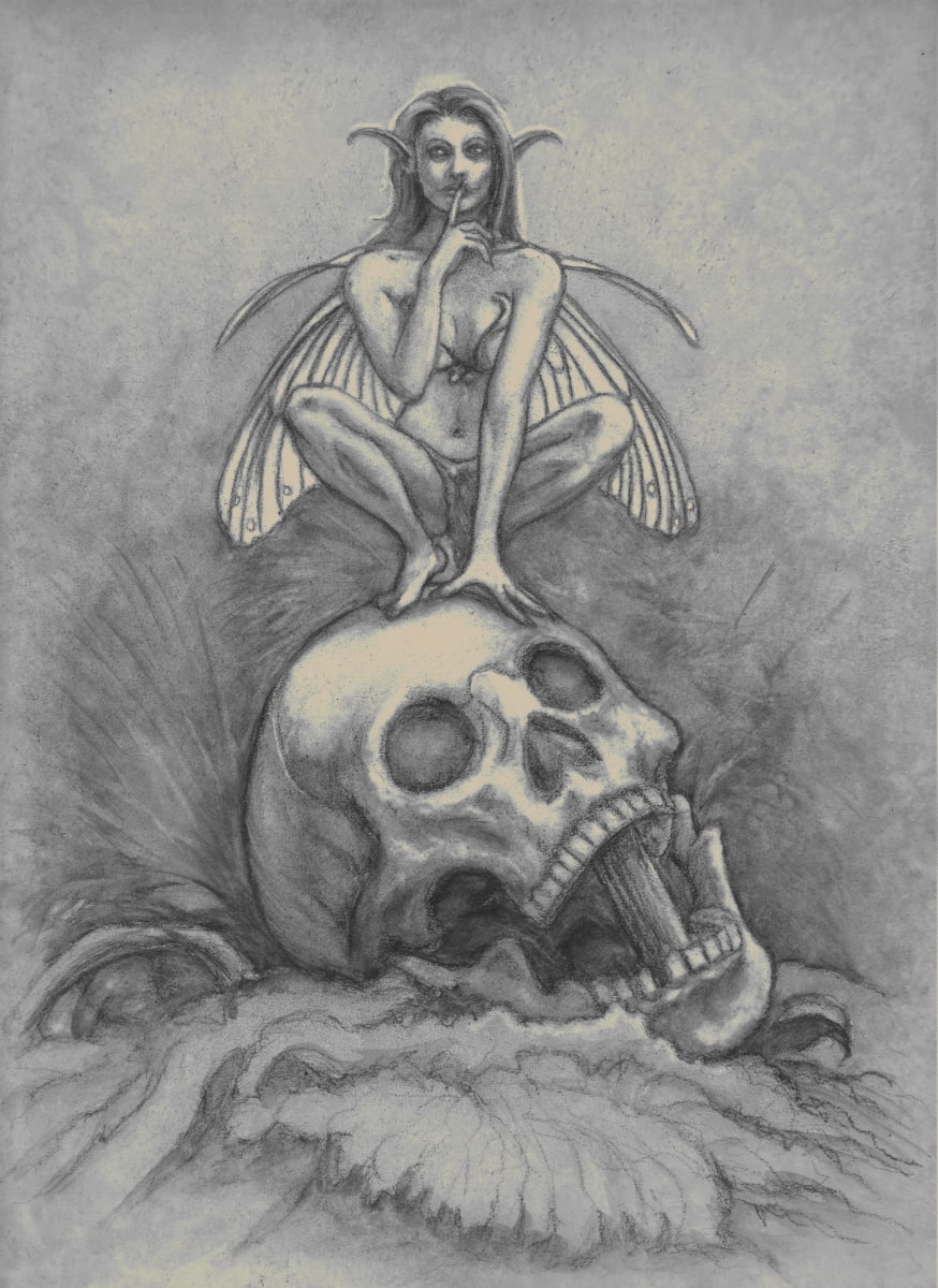 Black and white pencil drawing, with a cream color added to highlights, of a small fairy crouching on a human skull. They are both set against the ground and some foliage. The fairy appears to be female, and she hs long, slightly drooping, pointed ears and long, light, straight hair. She is bare but for a sort of bikini, the bottom piece looking like a loin cloth. She has two moth-like wings that have an additional thin filament extended above the wings. Both of the fairy's feet are on the skull, as is her left hand. Her right hand is being help up to her pursed lips with index finger extended up over the lips, suggesting that the viewer keep quiet. The skull, appearing to look up and to the right, is completely bare, and has most of its teeth. The upper and lower jaws are kept apart by a thick, small piece of wood, giving the skull the appearance of laughing or screaming. The skull rests on a large leaf or frond on the ground.