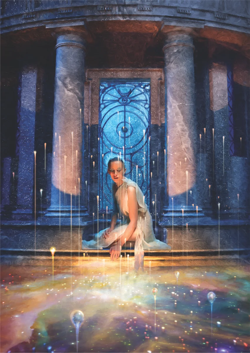 Photo illustration of a young woman in a white diaphanous gown, hair pulled back, kneeling and gazing into a pool that is filled with a liquid that looks to be made up of nebulous space with stars appearing as bright spots withing the swirl. Droplets of this stellar liquid are traveling upwards, leaving trails straight beneath them. This scene takes place in what looks to be an ancient stone temple. Behind the young woman is a large, long window or doorway with wrought iron symbology, with circles and eye shapes within the design. Either the window or doorway is a deep blue or it is transparent, showing the deep blue color beyond.
