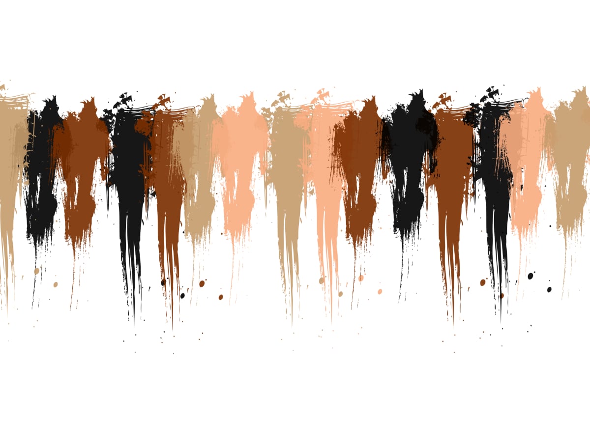 A abstract painting with a white background. There are 15 individual, slightly overlapping, brush strokes in the middle of the canvas, thicker at the top than at the bottom. The brush strokes randomly vary in color between what might be considered skin-tones -- peach, tan, brown, black. The brush strokes may be intrepreted as humans in close proximity to one another, varying in color but not in essence.