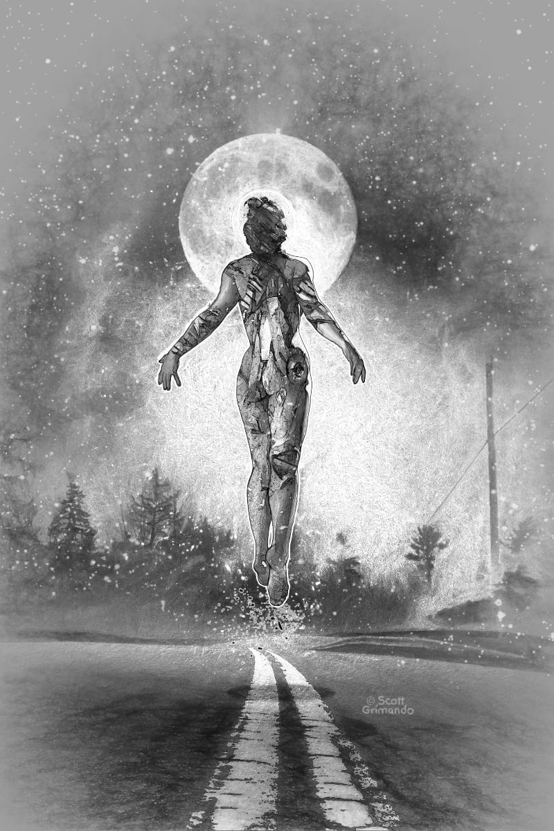 A black and white drawing of the back of a nude woman rising above a double-yellow line street, which disappears into a treeline. It is nighttime with stars visible. The woman has her arms slightly raised from her side, and she is surrounded by a soft glow and small, bright motes. Her skin appears to be fractured and metallic, suggestive of an android. Under her feet is a cloud of dots and blobs resembling dust and electricity. Her head and shoulders are silhouetted against the full moon. She has a very subtle ring around her head, which could be a halo or a clear helmet.