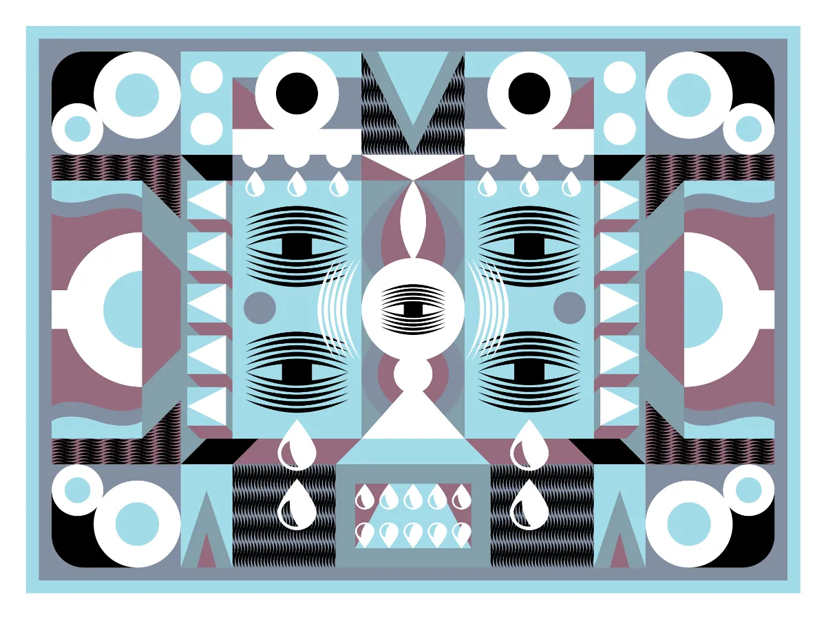 An abstract, graphical drawing, with a light blue and white background, with black designs, and darker blue and mauve shadows. The drawing has a repeated motif of eye-like symbols, wheels, triangles, and tears.