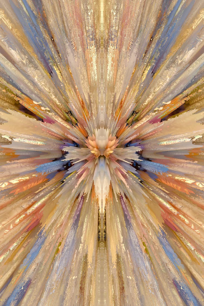 A burst of golden color, with additional pale blue and maroon spikes, emerges from the center of the digitally enhanced painting. The painting is vertically symmetrical -- the left and right of the image are mirrored. The spikes in the middle of the painting suggest a pale golden-petalled flower or a feathered dancer with arms stretched out.